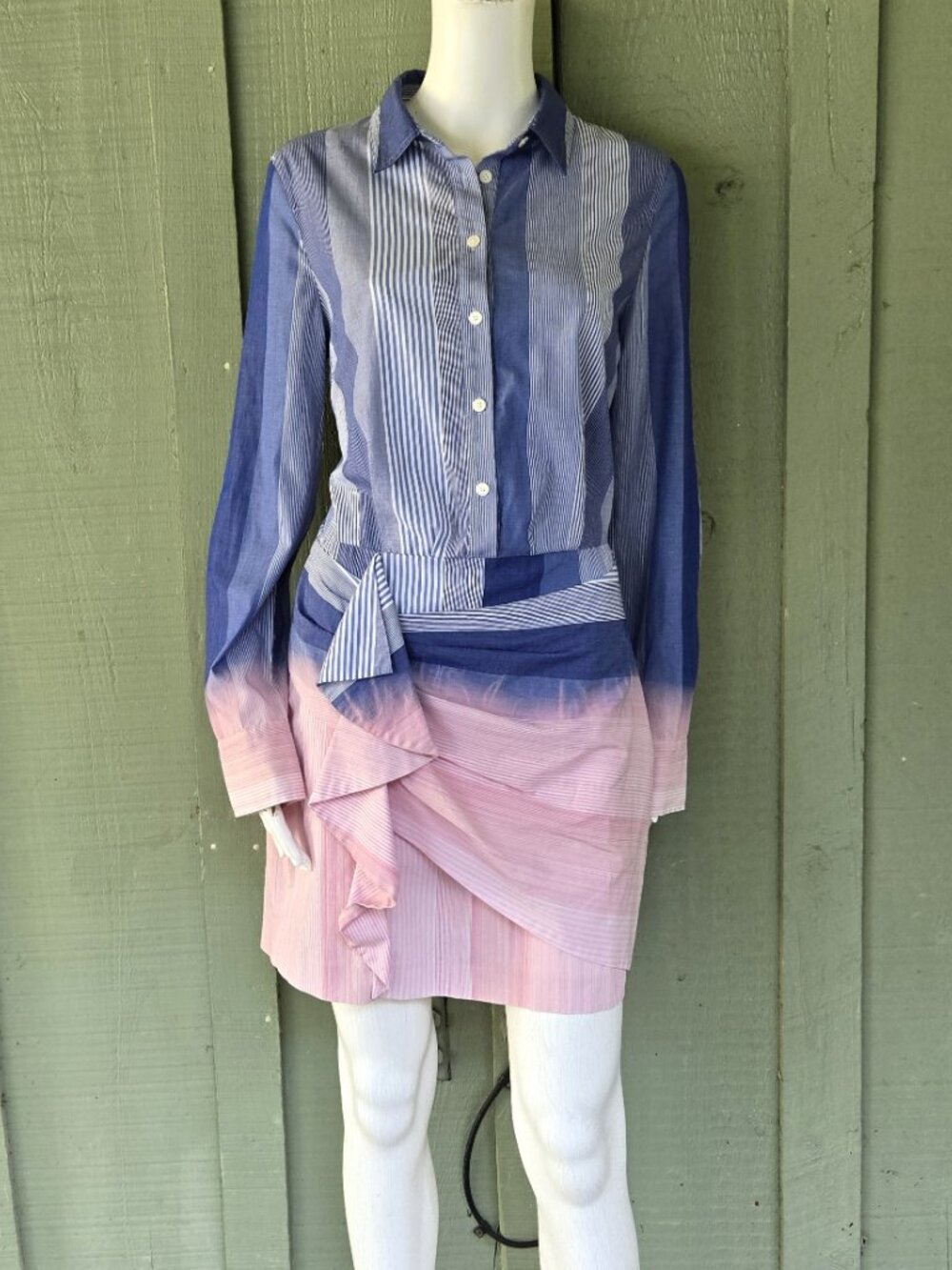 DEREK LAM 10 CROSBY Blue Pink Dip Dyed Striped Cotton Shirt Dress 6